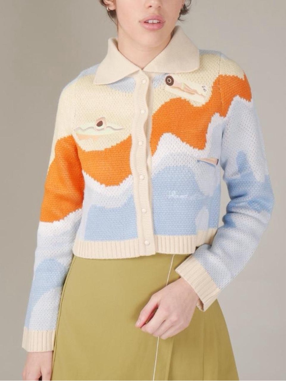 House of Sunny l Cream Orange and Light Blue Wave Knit Cardigan